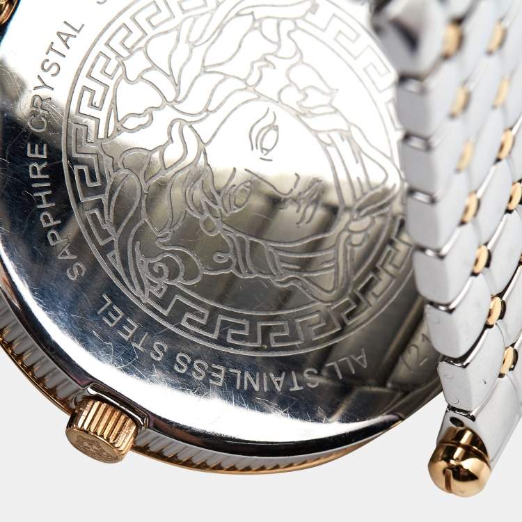 Pre Owned Versace Silver Two Tone Stainless Steel Leather Vanitas VK7 Women's Wristwatch 40 mm 