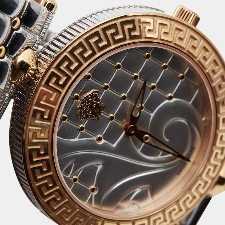 Pre Owned Versace Silver Two Tone Stainless Steel Leather Vanitas VK7 Women's Wristwatch 40 mm 
