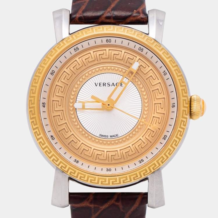 Pre Owned Versace Multicolor Two Tone Stainless Steel Leather VQ9 Women's Wristwatch 38 mm