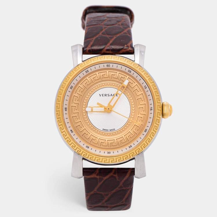 Pre Owned Versace Multicolor Two Tone Stainless Steel Leather VQ9 Women's Wristwatch 38 mm