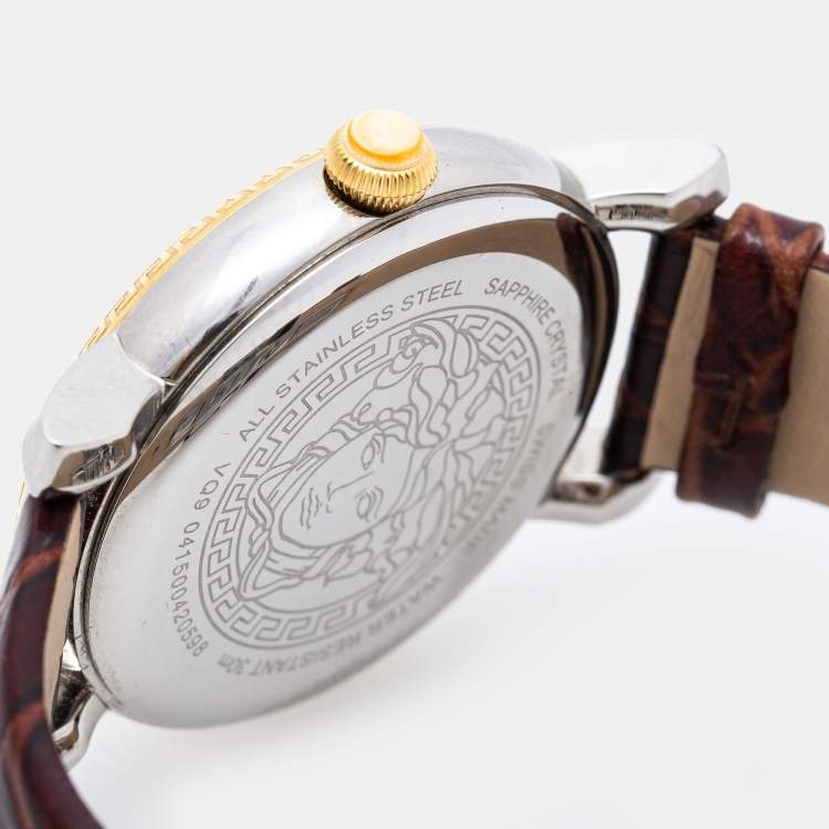Pre Owned Versace Multicolor Two Tone Stainless Steel Leather VQ9 Women's Wristwatch 38 mm