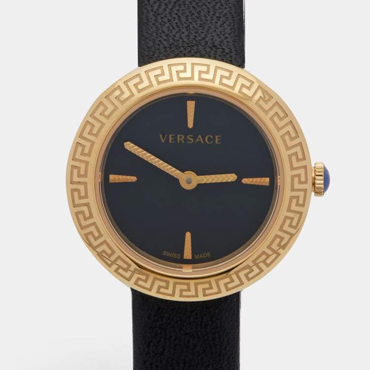 Pre Owned Versace Black Gold Plated Stainless Steel Leather Medusa Stud Icon VERF00318 Women's Wristwatch 28 mm