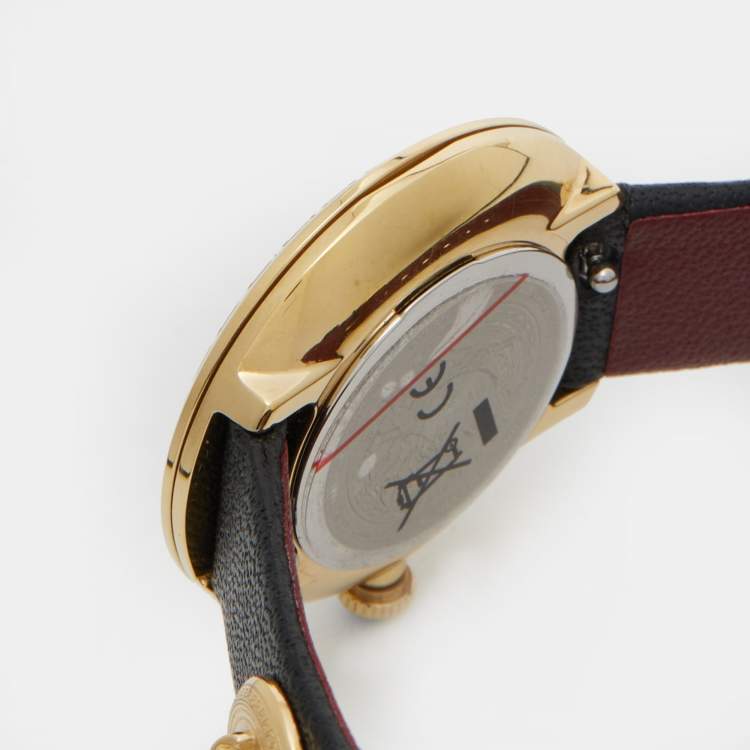 Pre Owned Versace Black Gold Plated Stainless Steel Leather Medusa Stud Icon VERF00318 Women's Wristwatch 28 mm