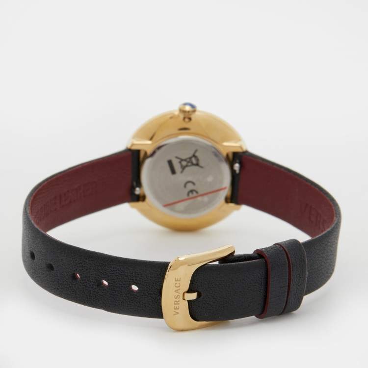 Pre Owned Versace Black Gold Plated Stainless Steel Leather Medusa Stud Icon VERF00318 Women's Wristwatch 28 mm