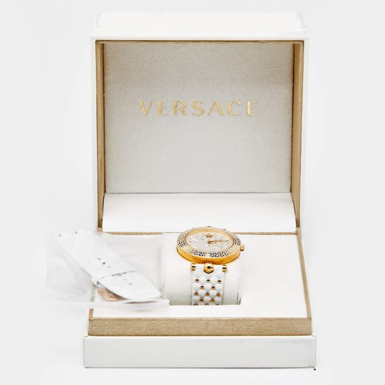 Pre Owned Versace White Rose Gold Plated Stainless Steel Vanitas VK7 Women's Wristwatch 40 mm
