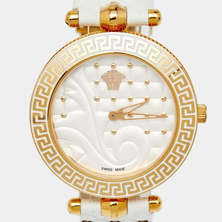 Pre Owned Versace White Rose Gold Plated Stainless Steel Vanitas VK7 Women's Wristwatch 40 mm
