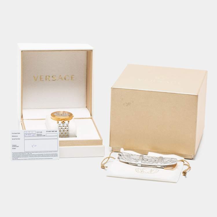 Pre Owned Versace Silver Rose Gold Plated Stainless Steel Leather Vanitas VK7 Women's Wristwatch 40 mm 
