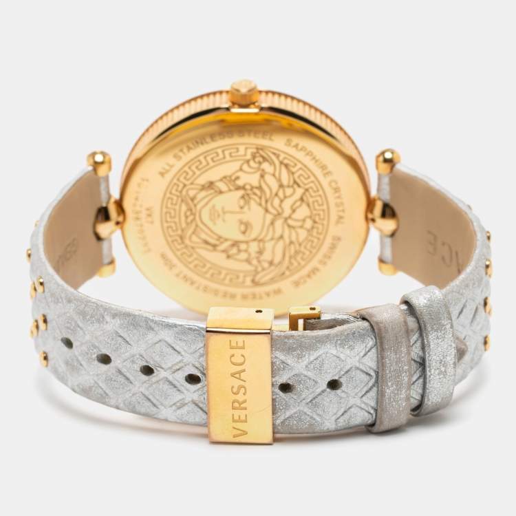 Pre Owned Versace Silver Rose Gold Plated Stainless Steel Leather Vanitas VK7 Women's Wristwatch 40 mm 