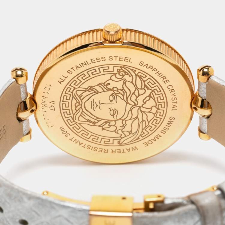 Pre Owned Versace Silver Rose Gold Plated Stainless Steel Leather Vanitas VK7 Women's Wristwatch 40 mm 