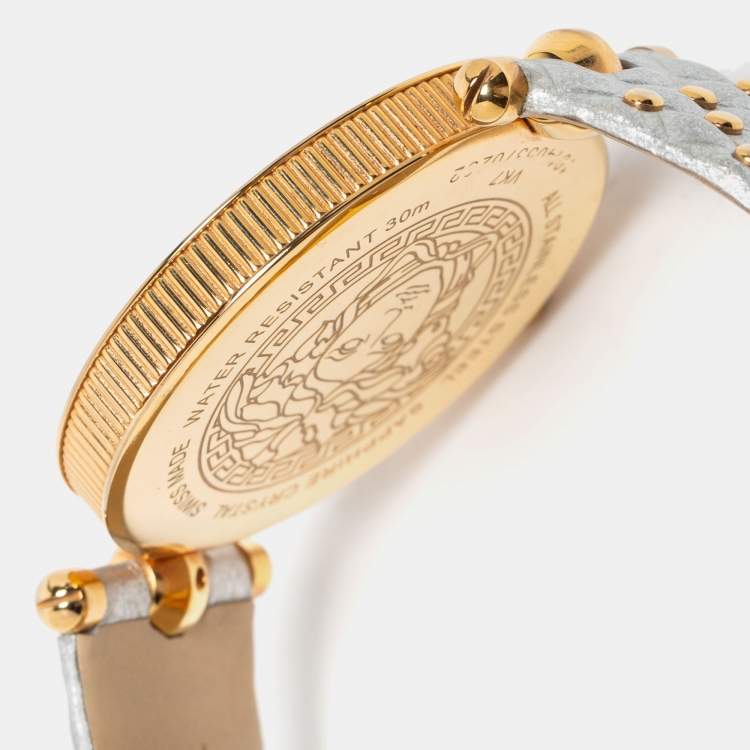 Pre Owned Versace Silver Rose Gold Plated Stainless Steel Leather Vanitas VK7 Women's Wristwatch 40 mm 
