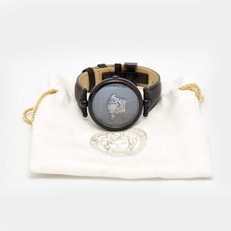 Pre Owned Versace Black PVD Coated Stainless Steel Leather Palazzo VCO050017 Women's Wristwatch 39 mm