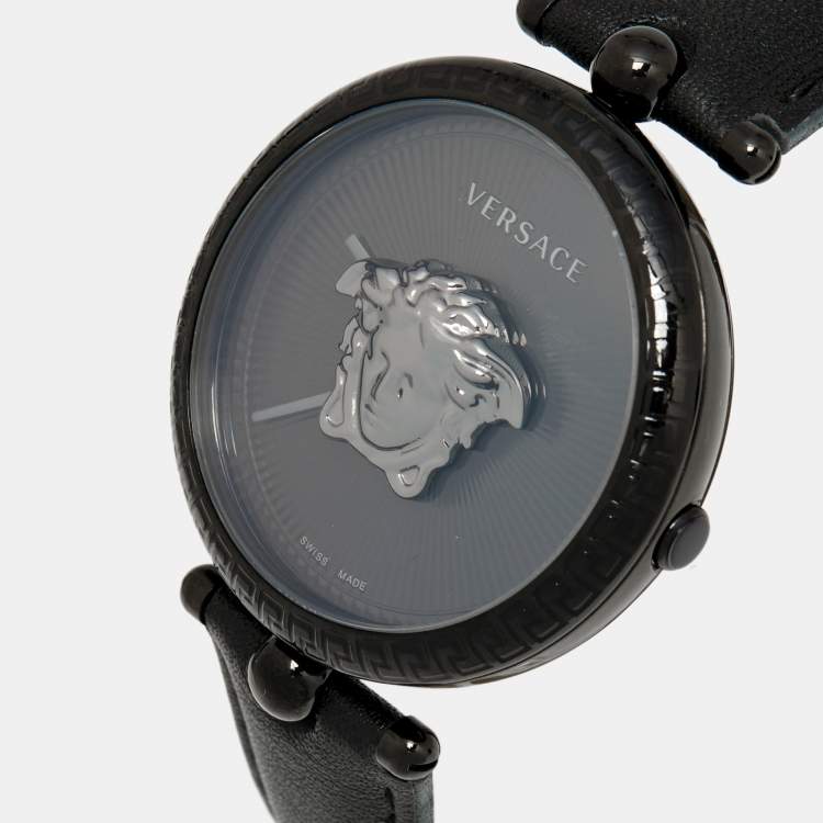 Pre Owned Versace Black PVD Coated Stainless Steel Leather Palazzo VCO050017 Women's Wristwatch 39 mm