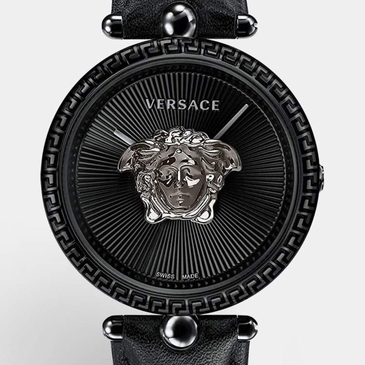 Pre Owned Versace Black PVD Coated Stainless Steel Leather Palazzo VCO050017 Women's Wristwatch 39 mm