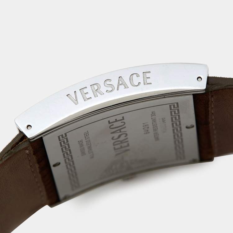 Pre Owned Versace White Stainless Steel Leather V-Greca 64Q91 Women's Wristwatch 36 mm