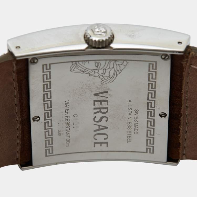 Pre Owned Versace White Stainless Steel Leather V-Greca 64Q91 Women's Wristwatch 36 mm