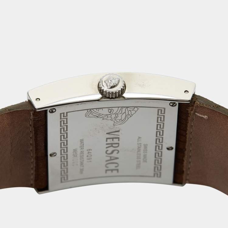 Pre Owned Versace White Stainless Steel Leather V-Greca 64Q91 Women's Wristwatch 36 mm
