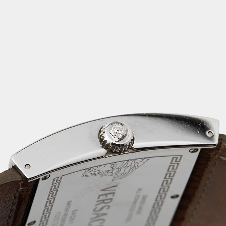 Pre Owned Versace White Stainless Steel Leather V-Greca 64Q91 Women's Wristwatch 36 mm