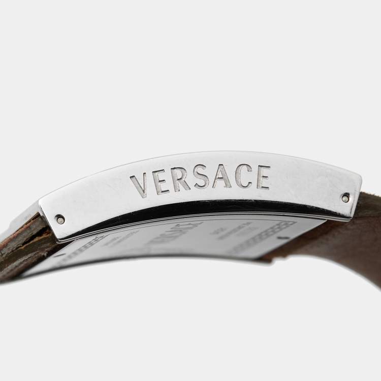 Pre Owned Versace White Stainless Steel Leather V-Greca 64Q91 Women's Wristwatch 36 mm
