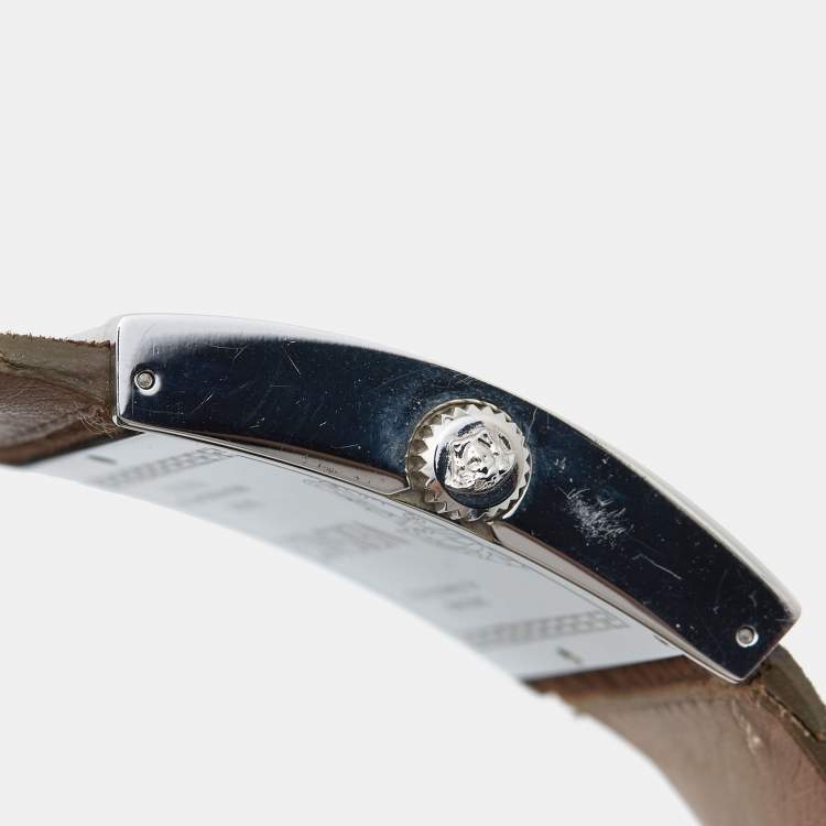 Pre Owned Versace White Stainless Steel Leather V-Greca 64Q91 Women's Wristwatch 36 mm
