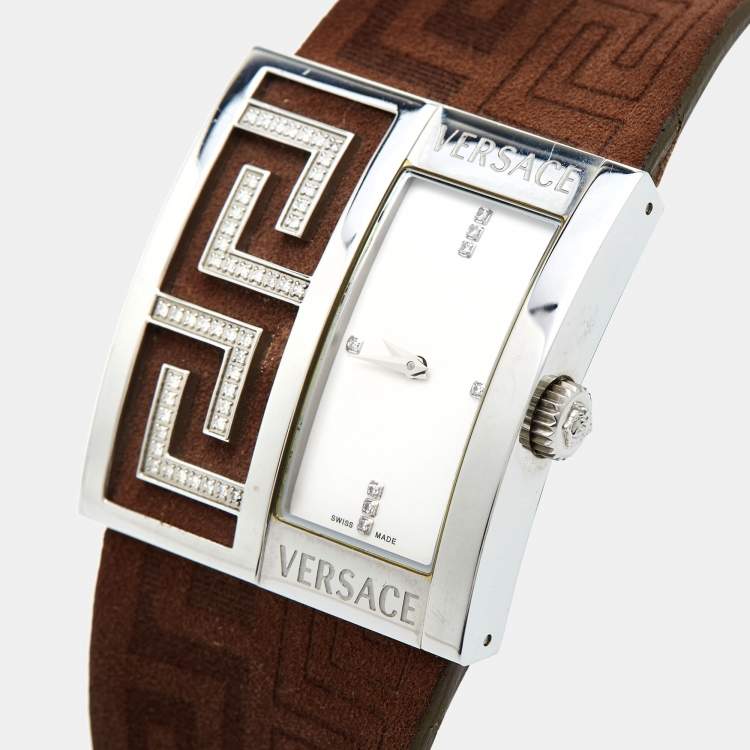 Pre Owned Versace White Stainless Steel Leather V-Greca 64Q91 Women's Wristwatch 36 mm