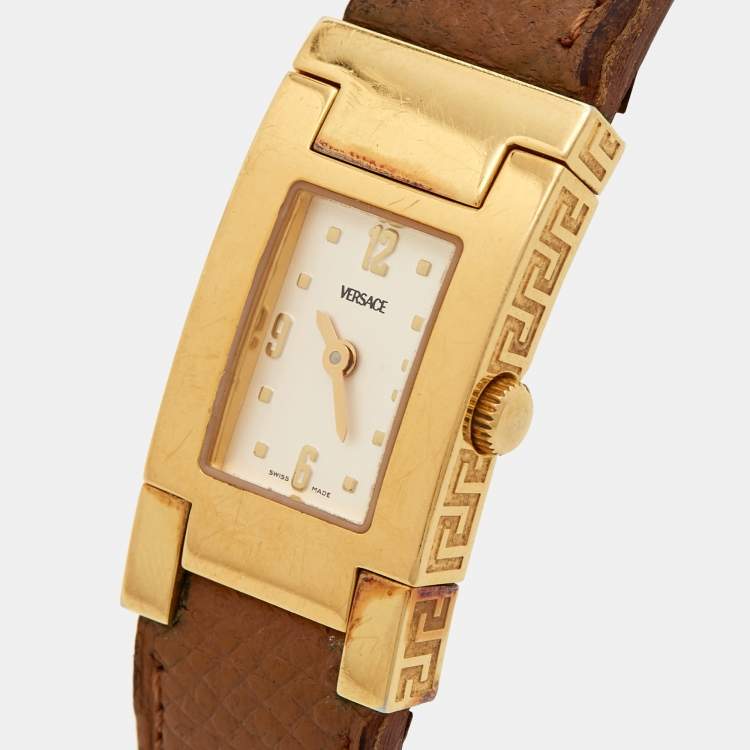 Pre Owned Versace Cream Gold Plated Stainless Steel Leather ASQ90 Women's Wristwatch 18 mm