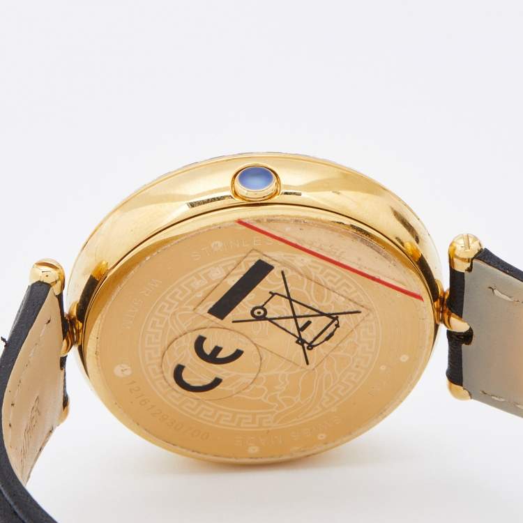 Pre Owned Versace Black Gold Plated Stainless Steel Leather Palazzo VCO Women's Wristwatch 39 mm