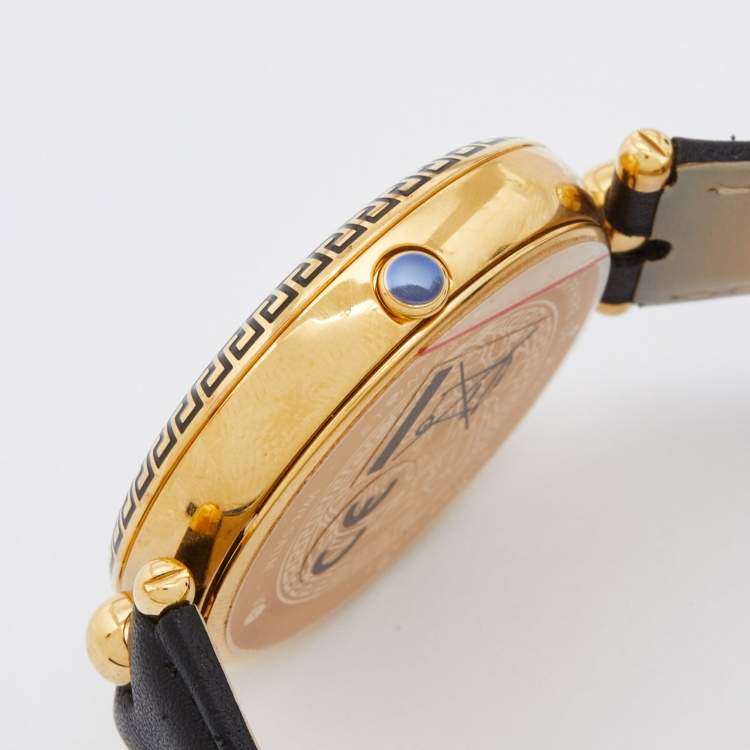 Pre Owned Versace Black Gold Plated Stainless Steel Leather Palazzo VCO Women's Wristwatch 39 mm