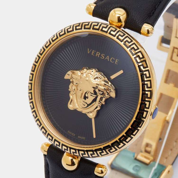 Pre Owned Versace Black Gold Plated Stainless Steel Leather Palazzo VCO Women's Wristwatch 39 mm