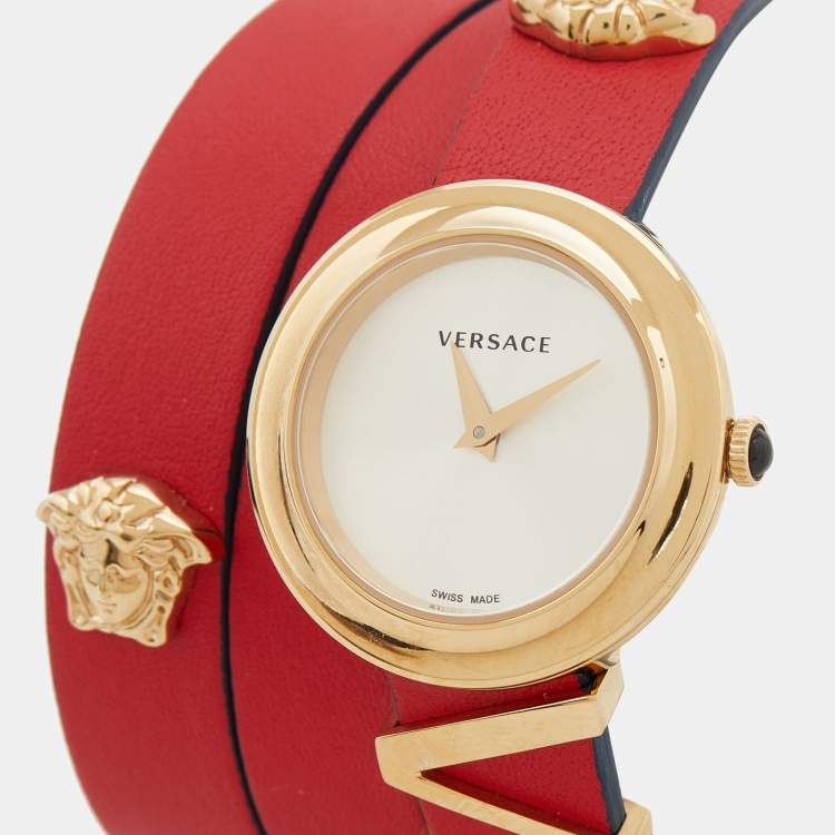 Pre Owned Versace Silver Gold Plated Stainless Steel Leather V-Flare VEBN00418 Women's Wristwatch 28 mm