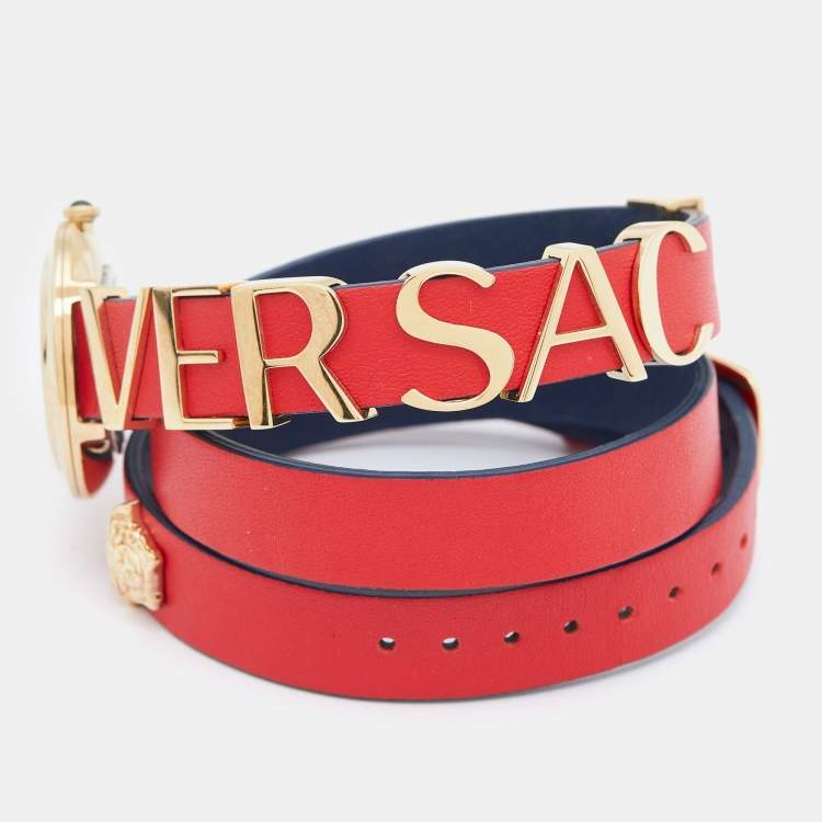 Pre Owned Versace Silver Gold Plated Stainless Steel Leather V-Flare VEBN00418 Women's Wristwatch 28 mm