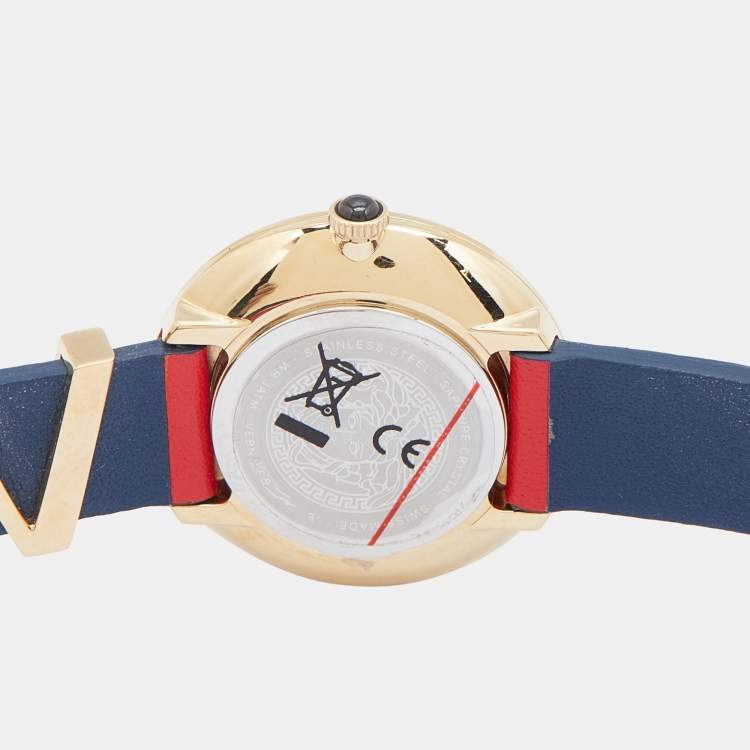 Pre Owned Versace Silver Gold Plated Stainless Steel Leather V-Flare VEBN00418 Women's Wristwatch 28 mm