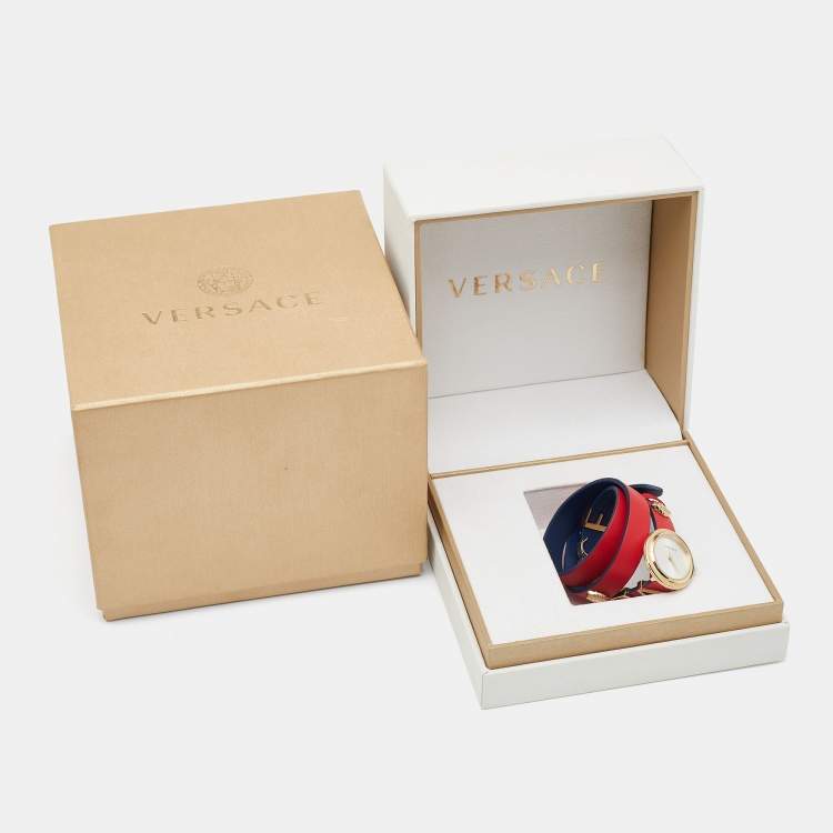 Pre Owned Versace Silver Gold Plated Stainless Steel Leather V-Flare VEBN00418 Women's Wristwatch 28 mm