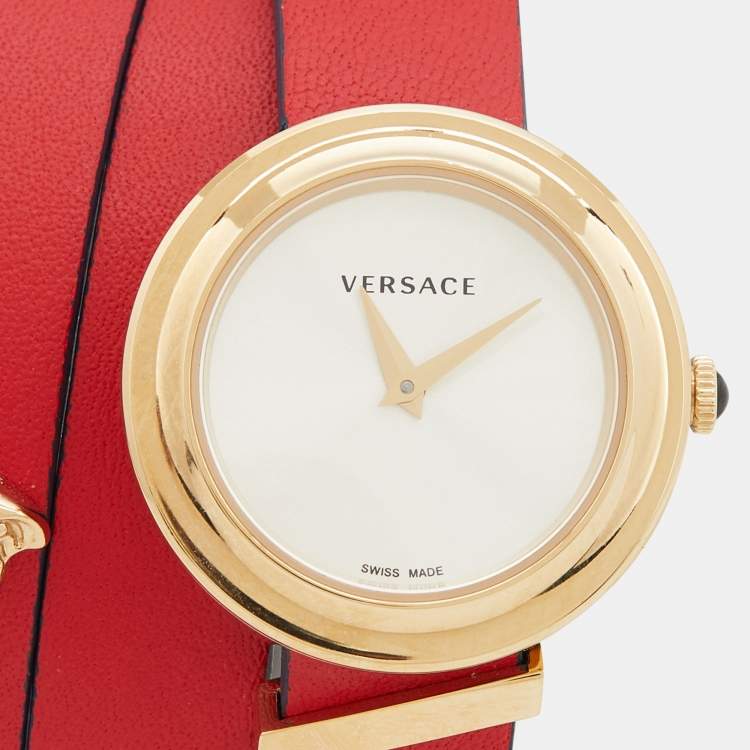 Pre Owned Versace Silver Gold Plated Stainless Steel Leather V-Flare VEBN00418 Women's Wristwatch 28 mm