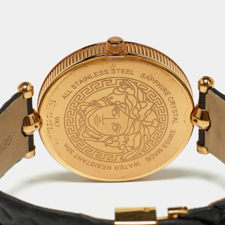 Pre Owned Versace Black Rose Gold Plated Stainless Steel Leather Vanitas VK703-0013 Women's Wristwatch 40 mm