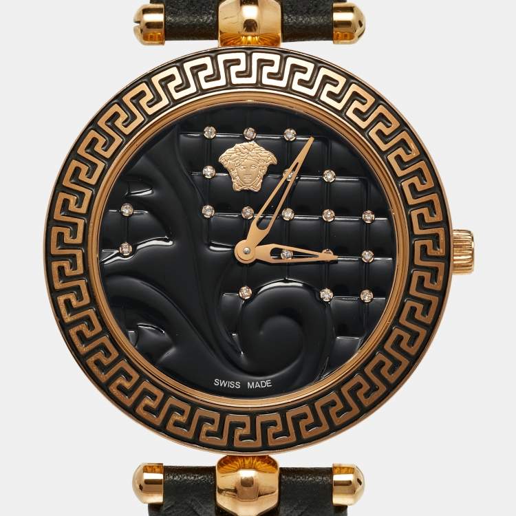 Pre Owned Versace Black Rose Gold Plated Stainless Steel Leather Vanitas VK703-0013 Women's Wristwatch 40 mm