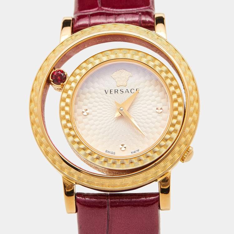 Pre Owned Versace Pink Gold Plated Stainless Steel Leather VDA020014 Women's Wristwatch 33 mm