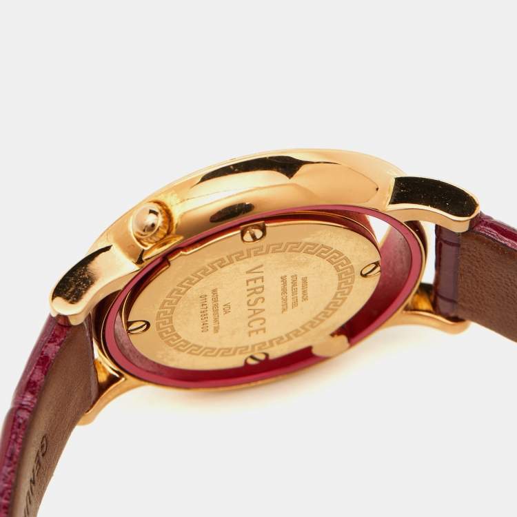 Pre Owned Versace Pink Gold Plated Stainless Steel Leather VDA020014 Women's Wristwatch 33 mm