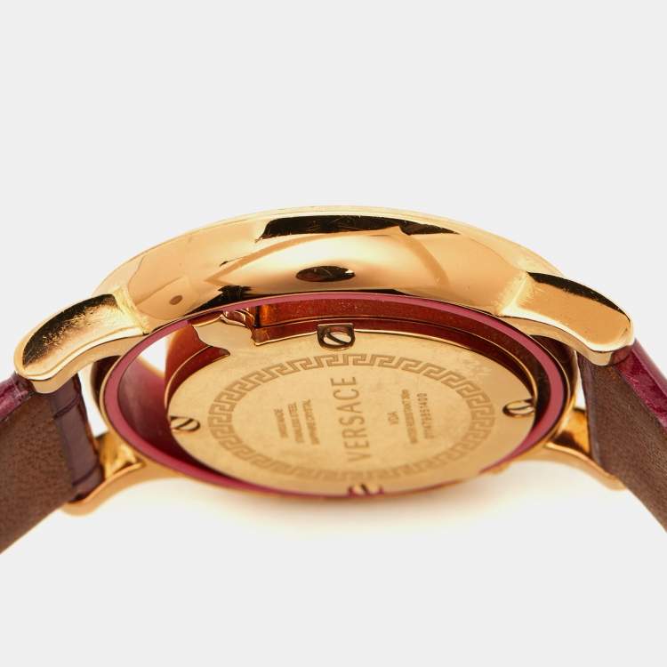 Pre Owned Versace Pink Gold Plated Stainless Steel Leather VDA020014 Women's Wristwatch 33 mm