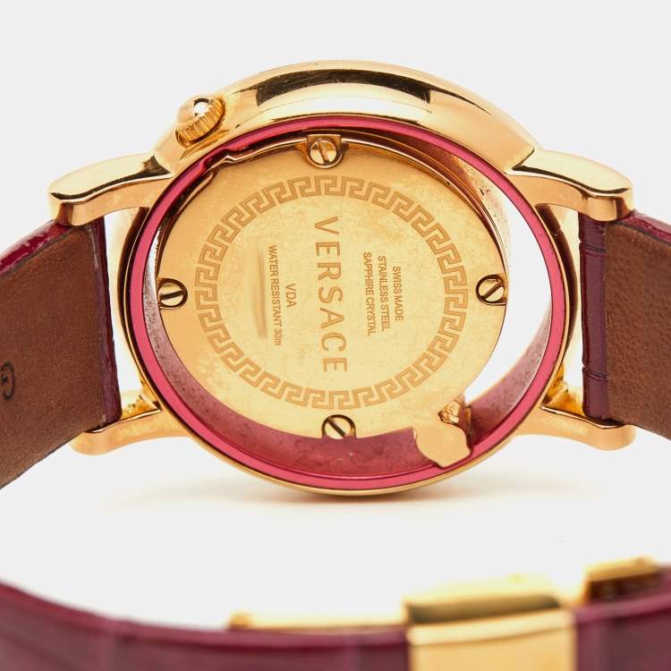 Pre Owned Versace Pink Gold Plated Stainless Steel Leather VDA020014 Women's Wristwatch 33 mm