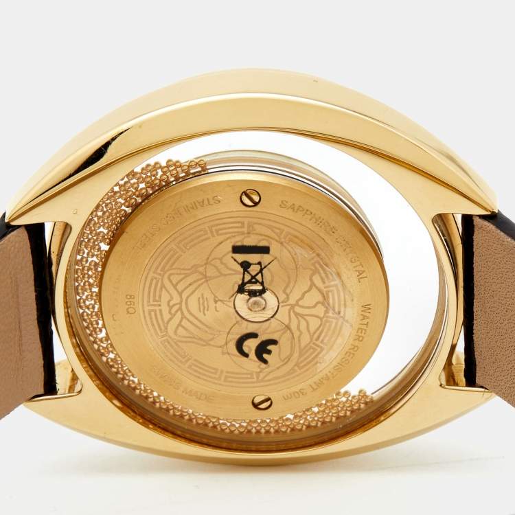 Pre Owned Versace Black Gold Plated Stainless Steel Leather Destiny Spirit 86Q Women's Wristwatch 39 mm