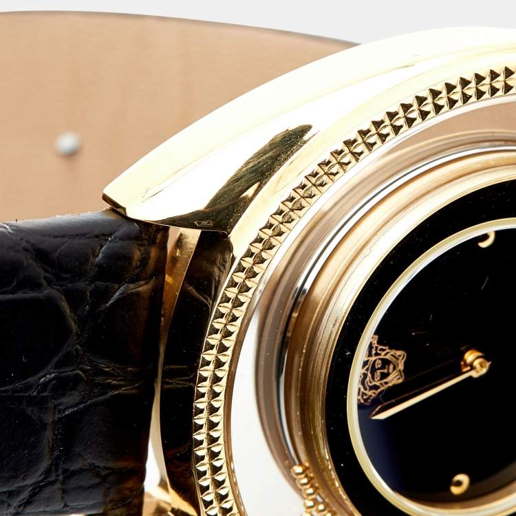 Pre Owned Versace Black Gold Plated Stainless Steel Leather Destiny Spirit 86Q Women's Wristwatch 39 mm