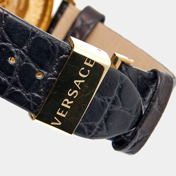 Pre Owned Versace Black Gold Plated Stainless Steel Leather Destiny Spirit 86Q Women's Wristwatch 39 mm