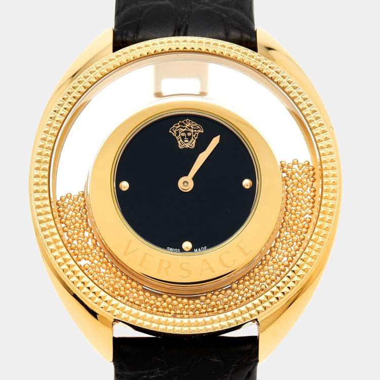 Pre Owned Versace Black Gold Plated Stainless Steel Leather Destiny Spirit 86Q Women's Wristwatch 39 mm