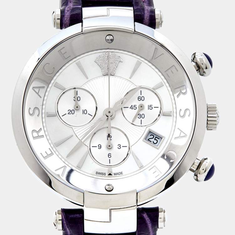 Pre Owned Versace Mother of Pearl Stainless Steel Leather Revive Chrono VAJ Women's Wristwatch 41 mm