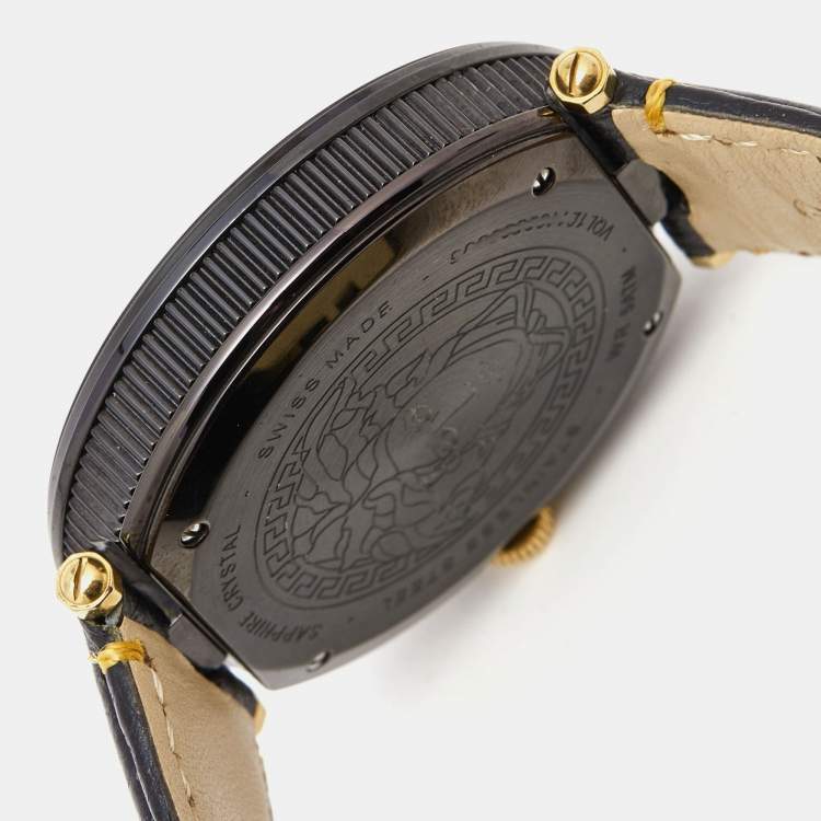 Pre Owned Versace Black Two Tone Stainless Steel Leather V-Metal Icon VQL03 0015 Unisex Wristwatch 46 mm 