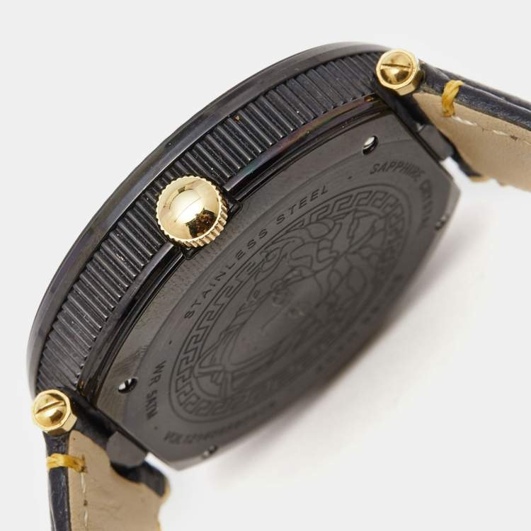 Pre Owned Versace Black Two Tone Stainless Steel Leather V-Metal Icon VQL03 0015 Unisex Wristwatch 46 mm 