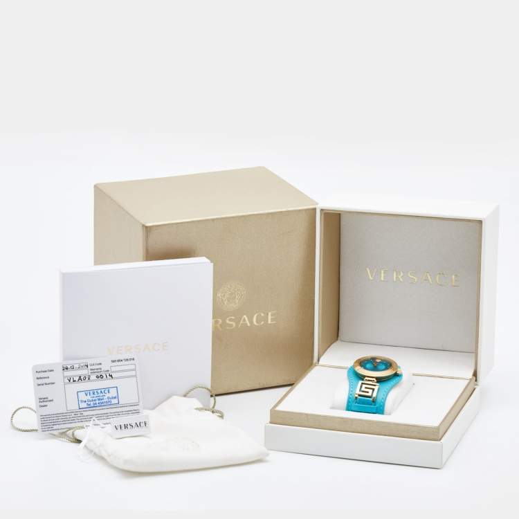 Pre Owned Versace Aqua Blue Rose Gold Plated Stainless Steel Leather V Signature VLA080014 Women's Wristwatch 35 mm