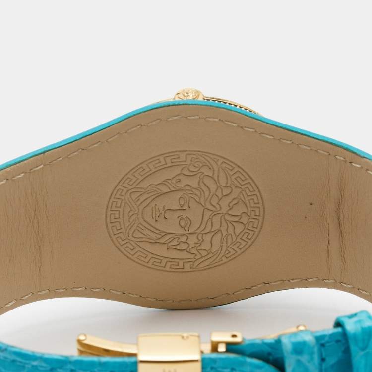 Pre Owned Versace Aqua Blue Rose Gold Plated Stainless Steel Leather V Signature VLA080014 Women's Wristwatch 35 mm