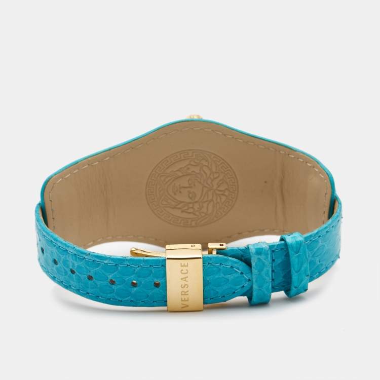 Pre Owned Versace Aqua Blue Rose Gold Plated Stainless Steel Leather V Signature VLA080014 Women's Wristwatch 35 mm