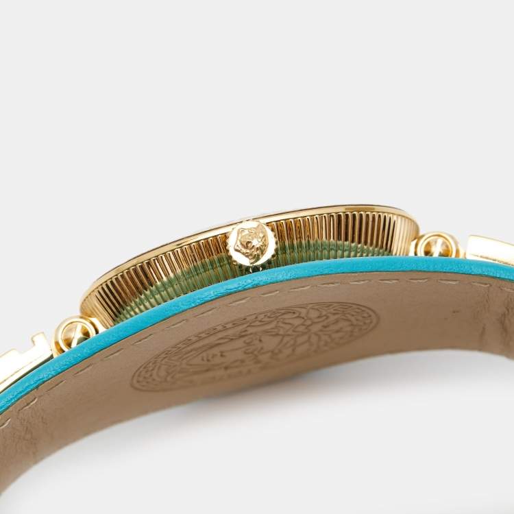 Pre Owned Versace Aqua Blue Rose Gold Plated Stainless Steel Leather V Signature VLA080014 Women's Wristwatch 35 mm